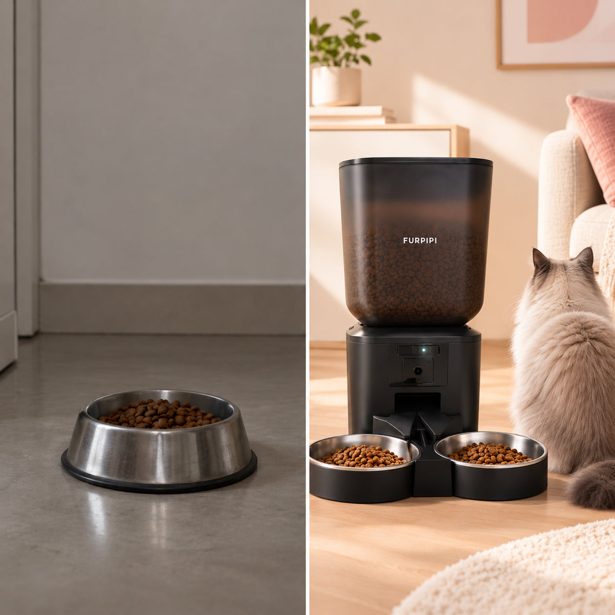Comparaison entre une gamelle classique et un distributeur automatique de nourriture pour chat avec double bol