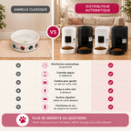 Comparatif entre une gamelle classique et un distributeur automatique de croquettes avec caméra pour chat, disponible en blanc et noir