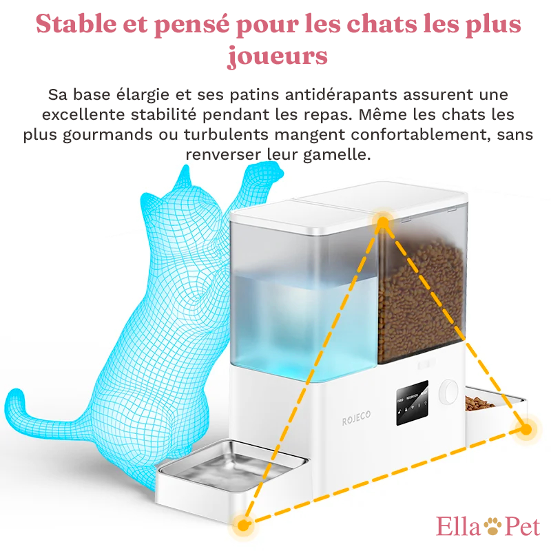Base large et antidérapante du distributeur automatique empêchant le basculement, même avec un chat turbulent.