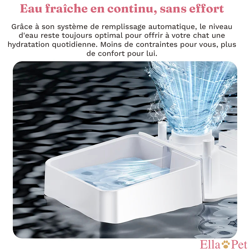 Réservoir d'eau du distributeur 2-en-1 avec remplissage automatique par gravité pour une eau fraîche en continu.