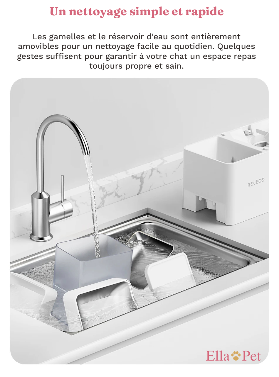 Bols et réservoir d'eau amovibles du distributeur automatique pour un nettoyage simple et rapide.
