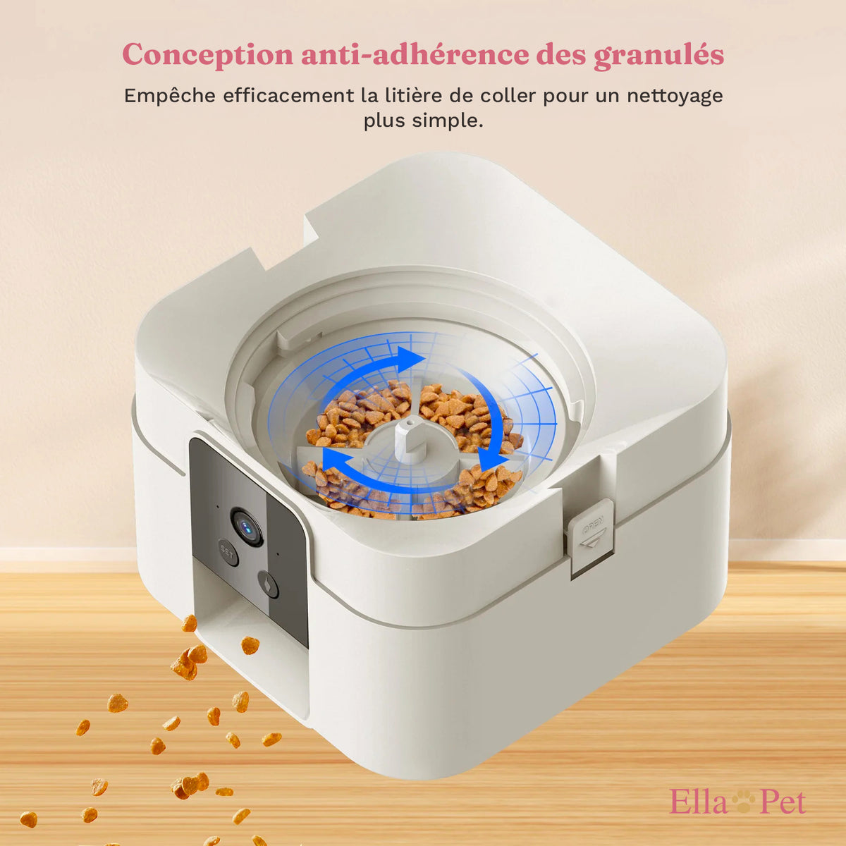 Distributeur automatique de croquettes blanc avec système anti-adhérence des granulés pour éviter les blocages