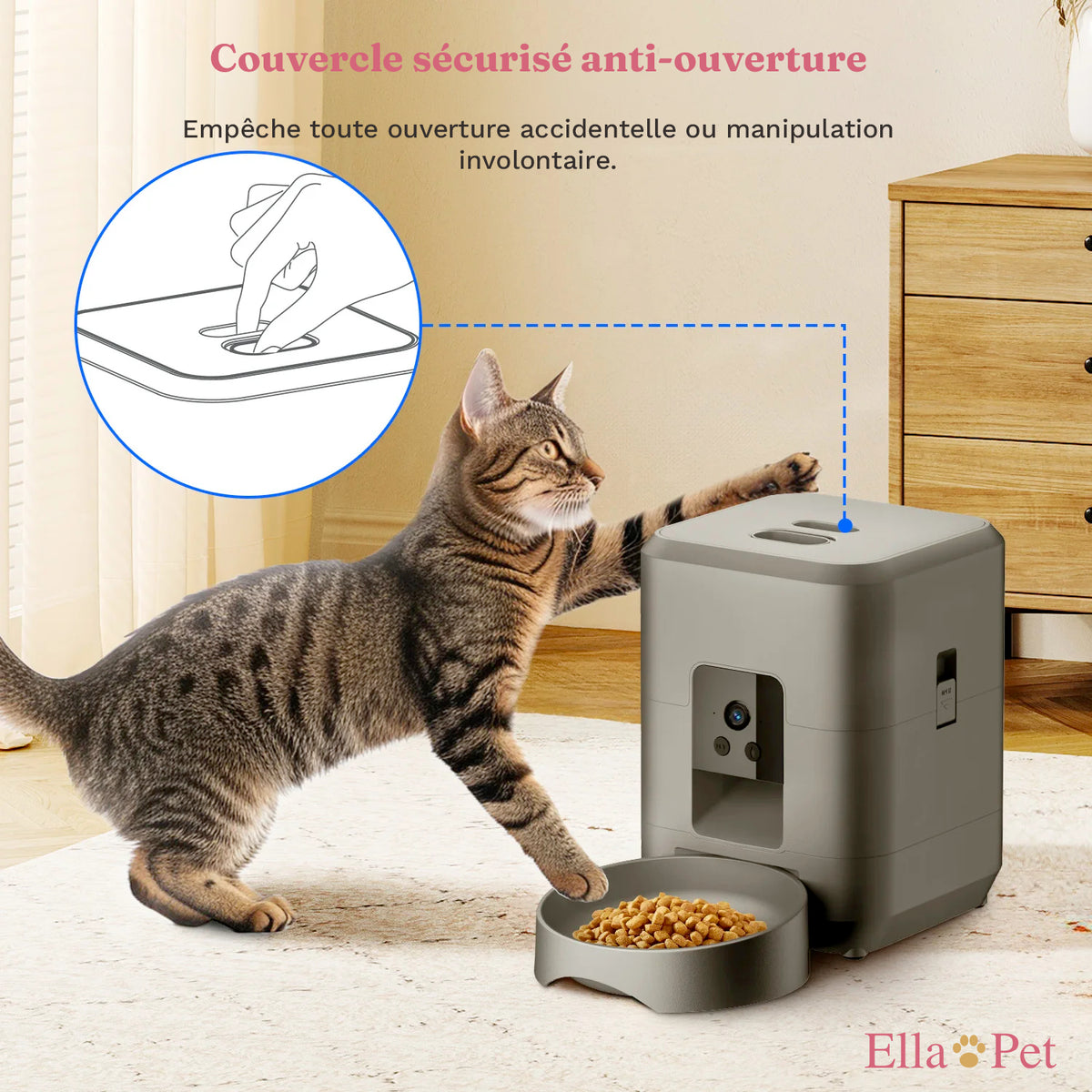 Couvercle sécurisé anti-ouverture du distributeur automatique noir, empêchant le chat d'accéder directement aux croquettes