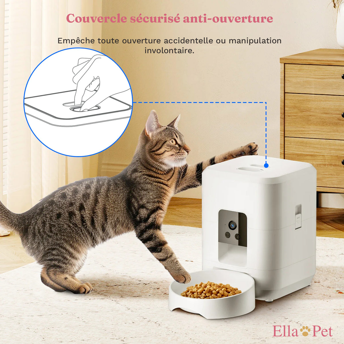 Couvercle sécurisé anti-ouverture du distributeur automatique blanc, empêchant le chat d'accéder directement aux croquettes
