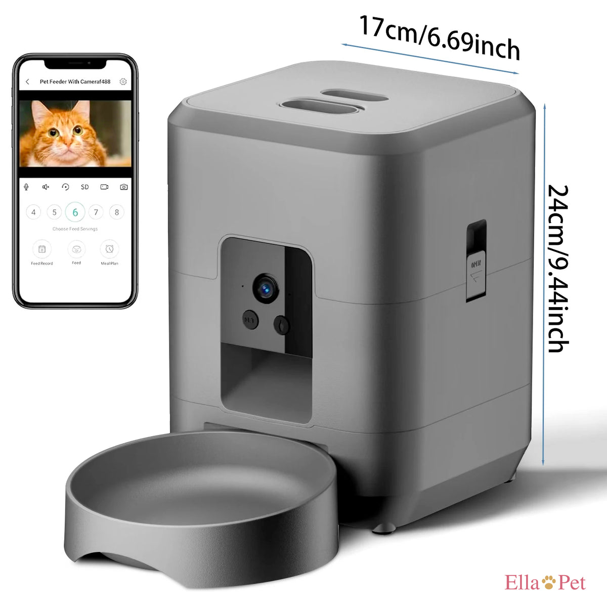 Dimensions du distributeur automatique de croquettes 2L avec caméra pour chat