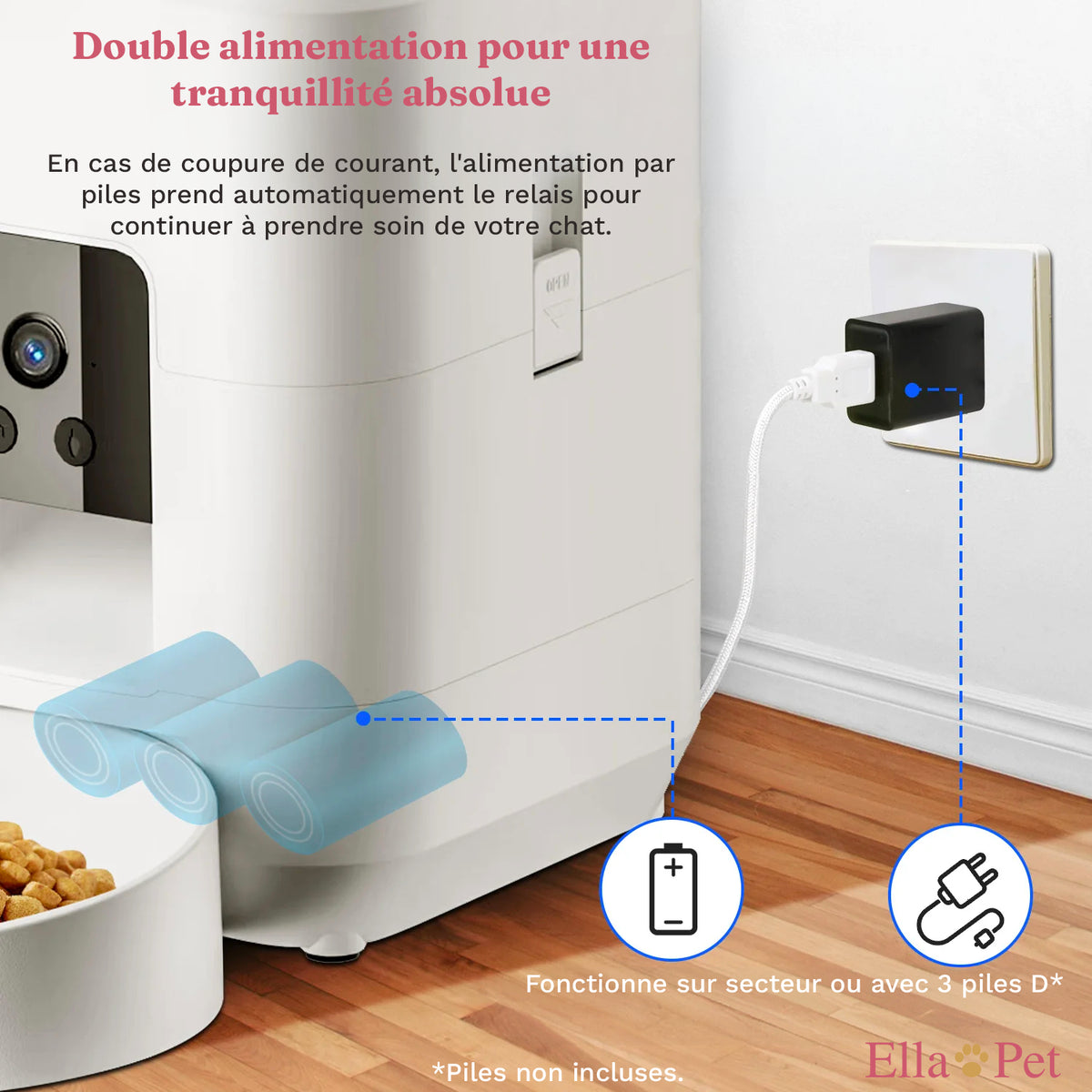 Distributeur automatique blanc avec double alimentation secteur et piles pour un fonctionnement continu