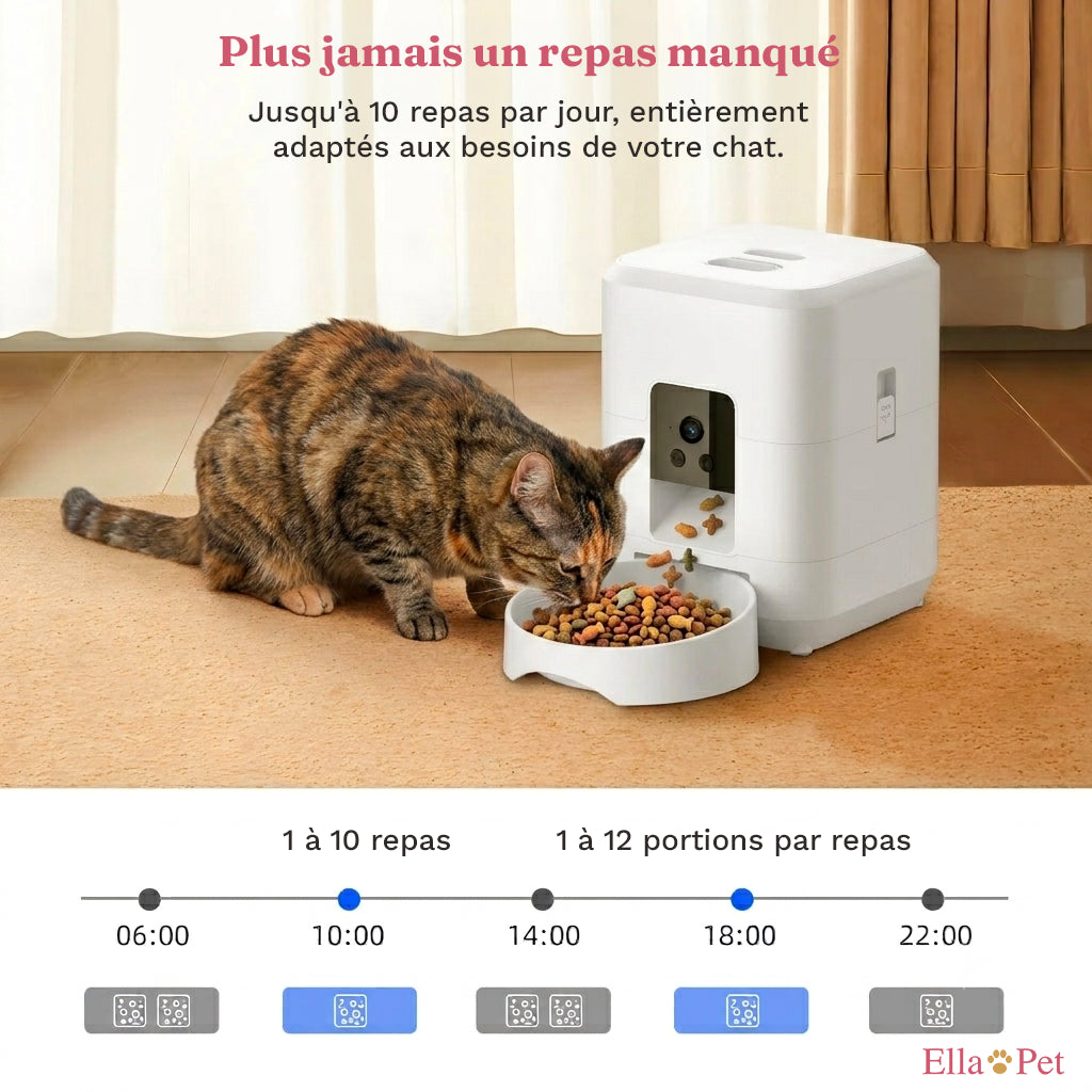 Distributeur automatique blanc garantissant un repas régulier pour le chat, même en l'absence du propriétaire