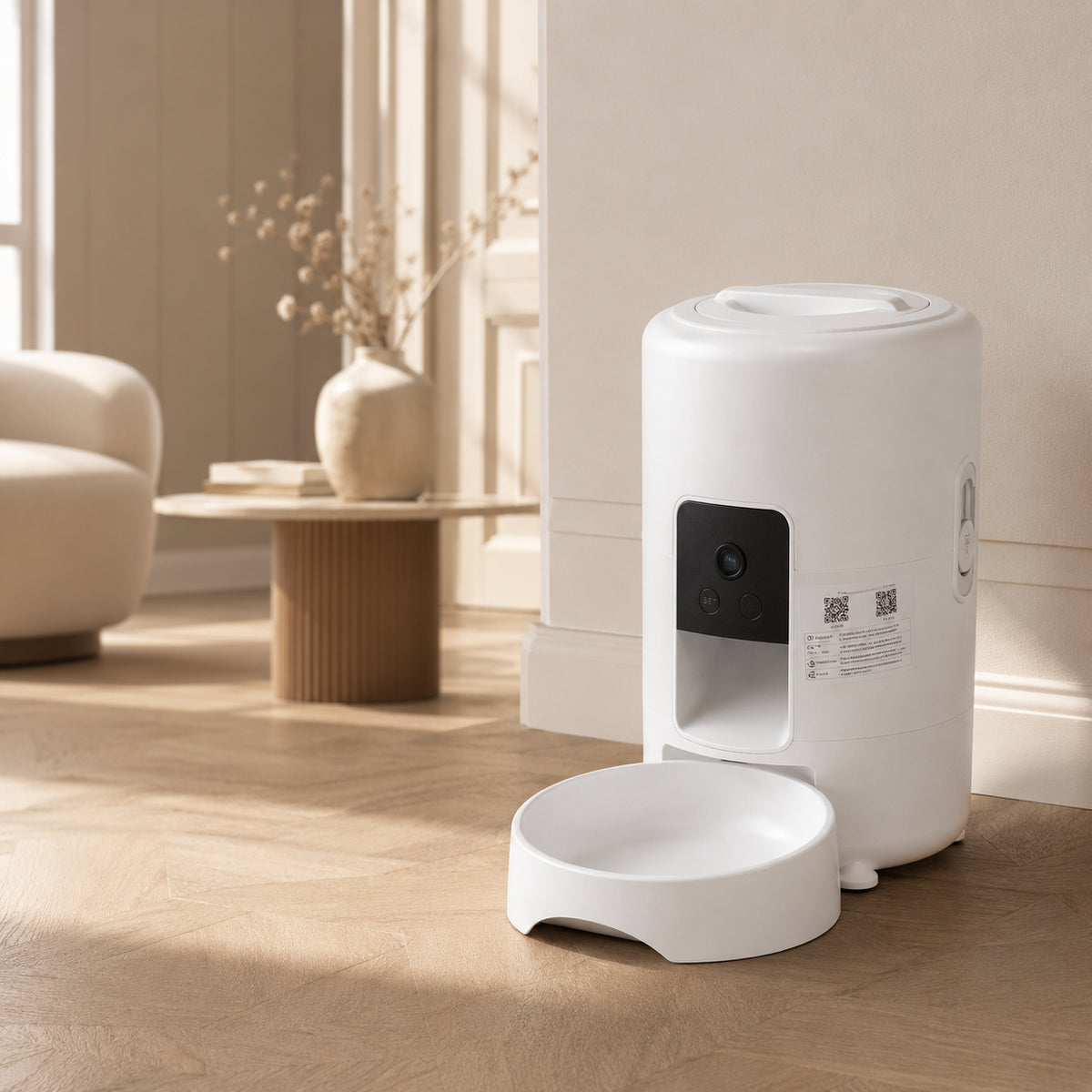 Distributeur automatique de croquettes 2L avec caméra pour chat, version rond et couleur blanc