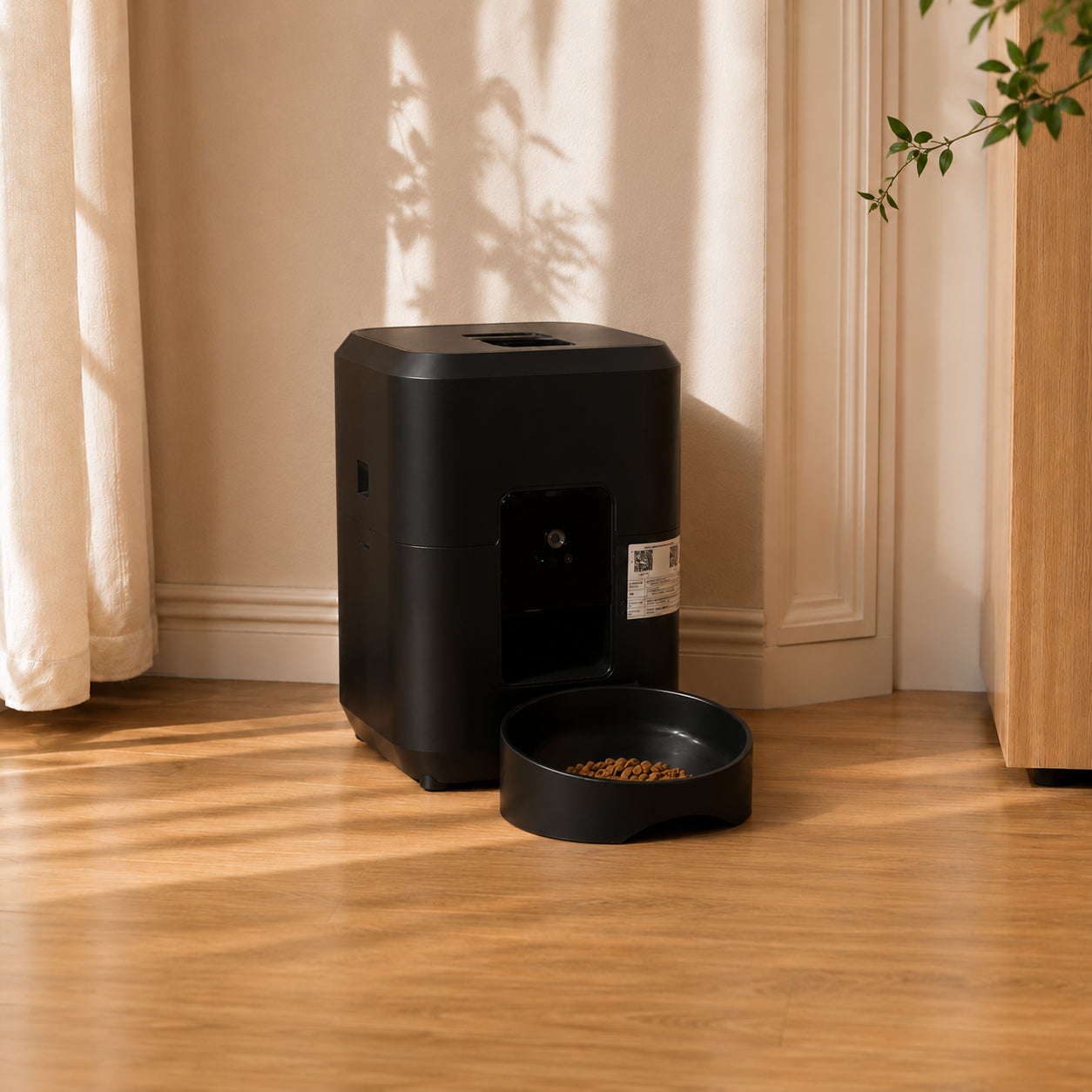 Distributeur automatique de nourriture pour chat noir version carré dans un intérieur moderne