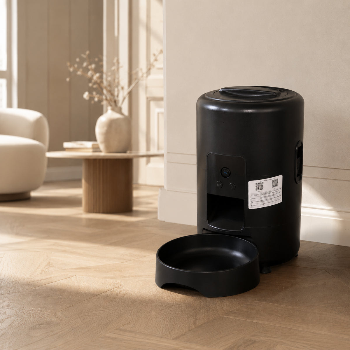 Distributeur automatique de croquettes 2L avec caméra pour chat, version rond et couleur noir