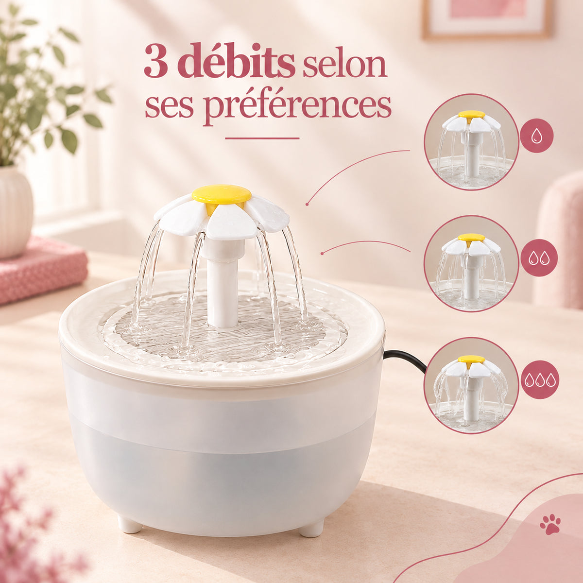 Fontaine à eau pour chat avec 3 modes de débit réglables pour adapter la circulation de l'eau