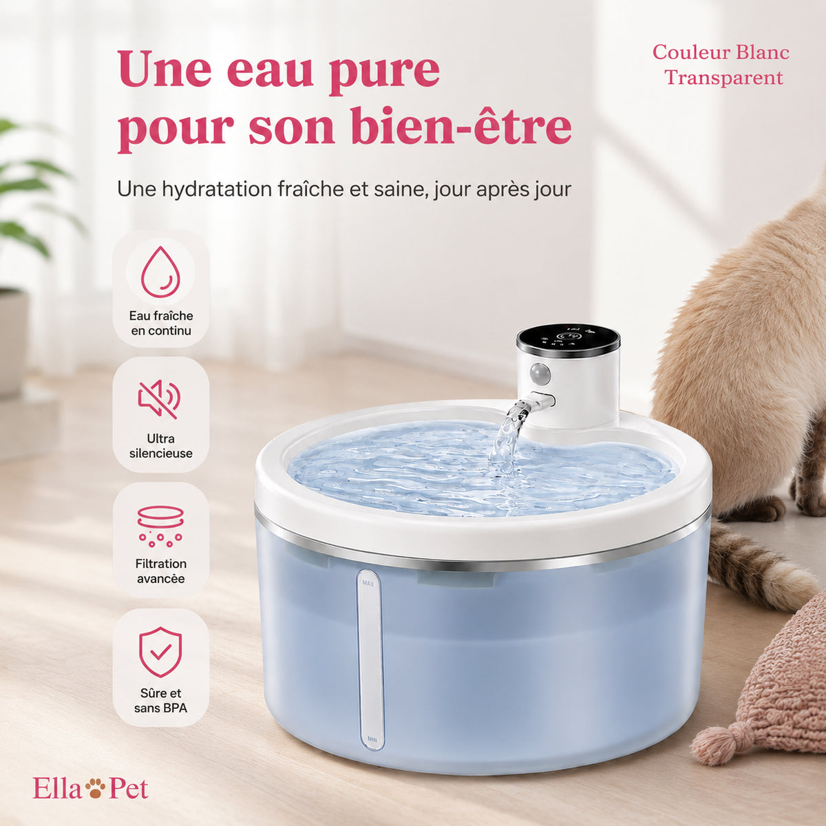Fontaine à eau pour chat, coloris blanc transparent