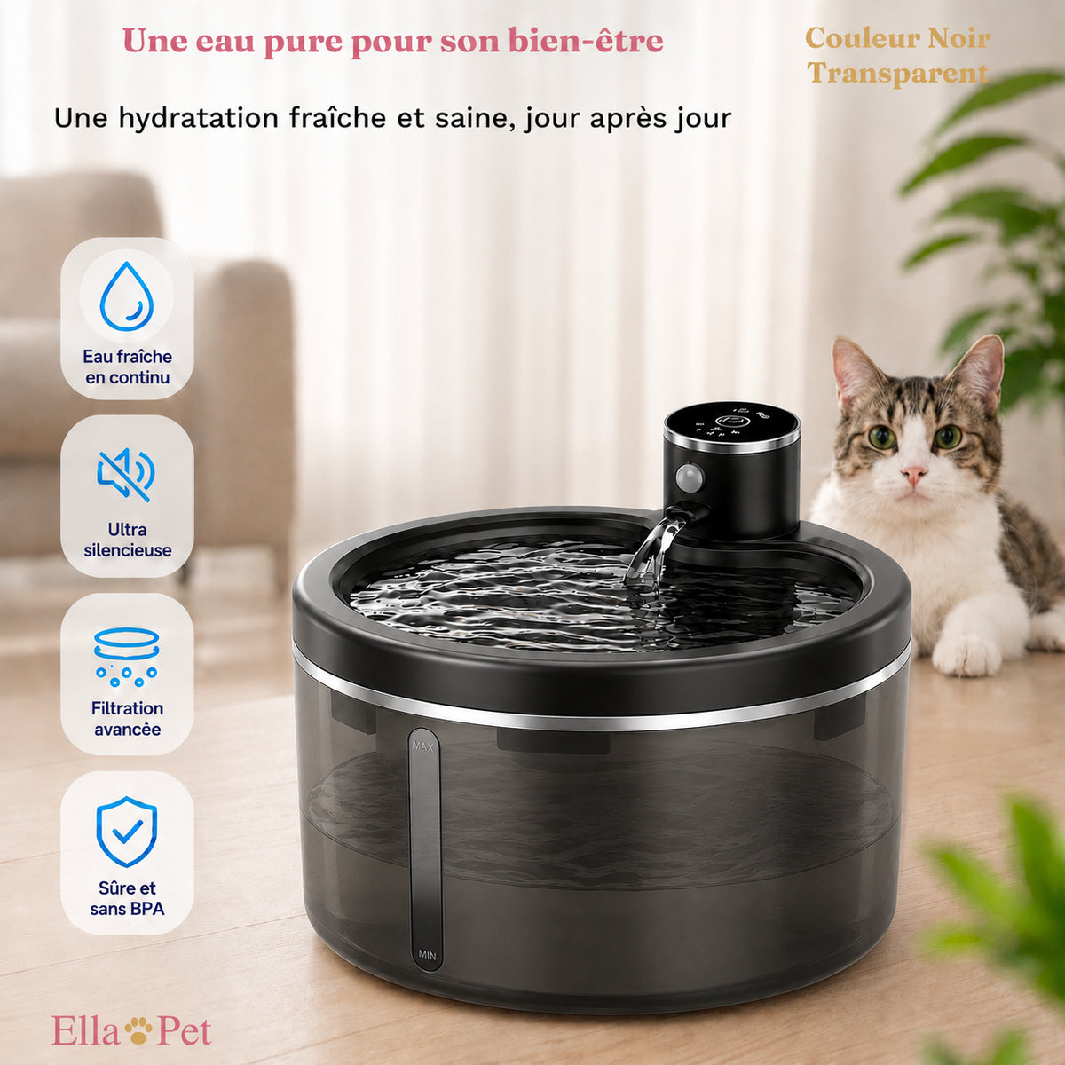 Fontaine à eau pour chat, coloris noir transparent