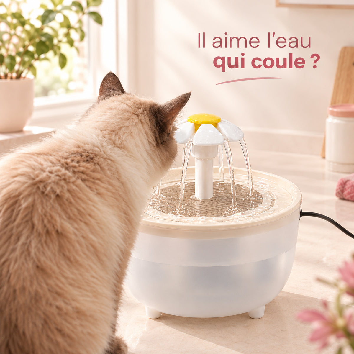 Chat appréciant sa fontaine à eau, vu de dos, dans un intérieur chaleureux