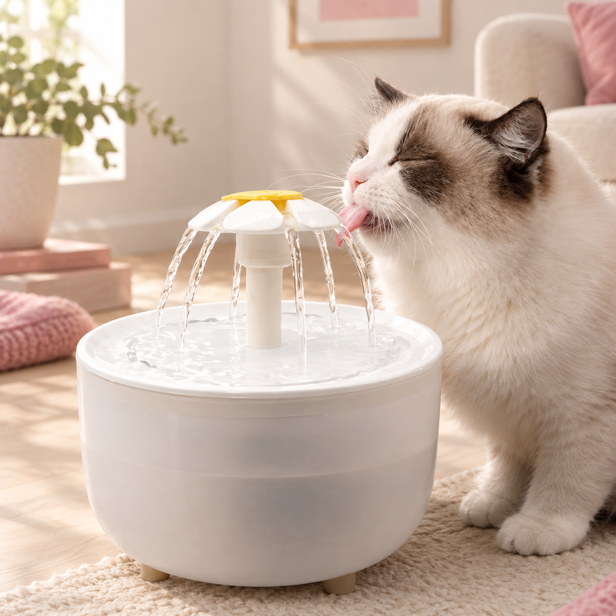 Chat qui boit à la fontaine à eau 