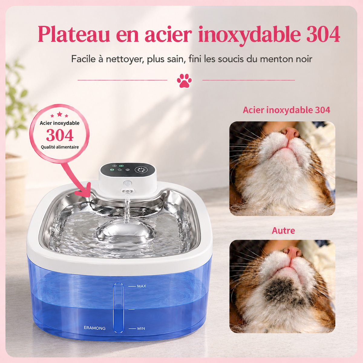 Fontaine à eau pour chat avec plateau en acier inoxydable 304