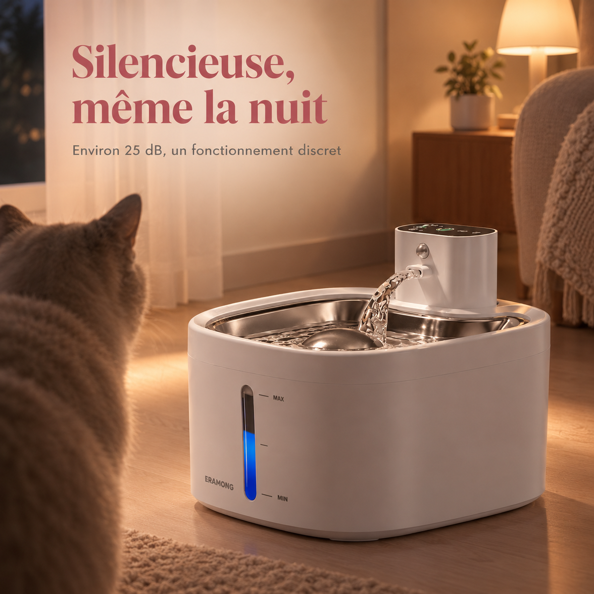 Fontaine à eau pour chat installée dans un intérieur calme
