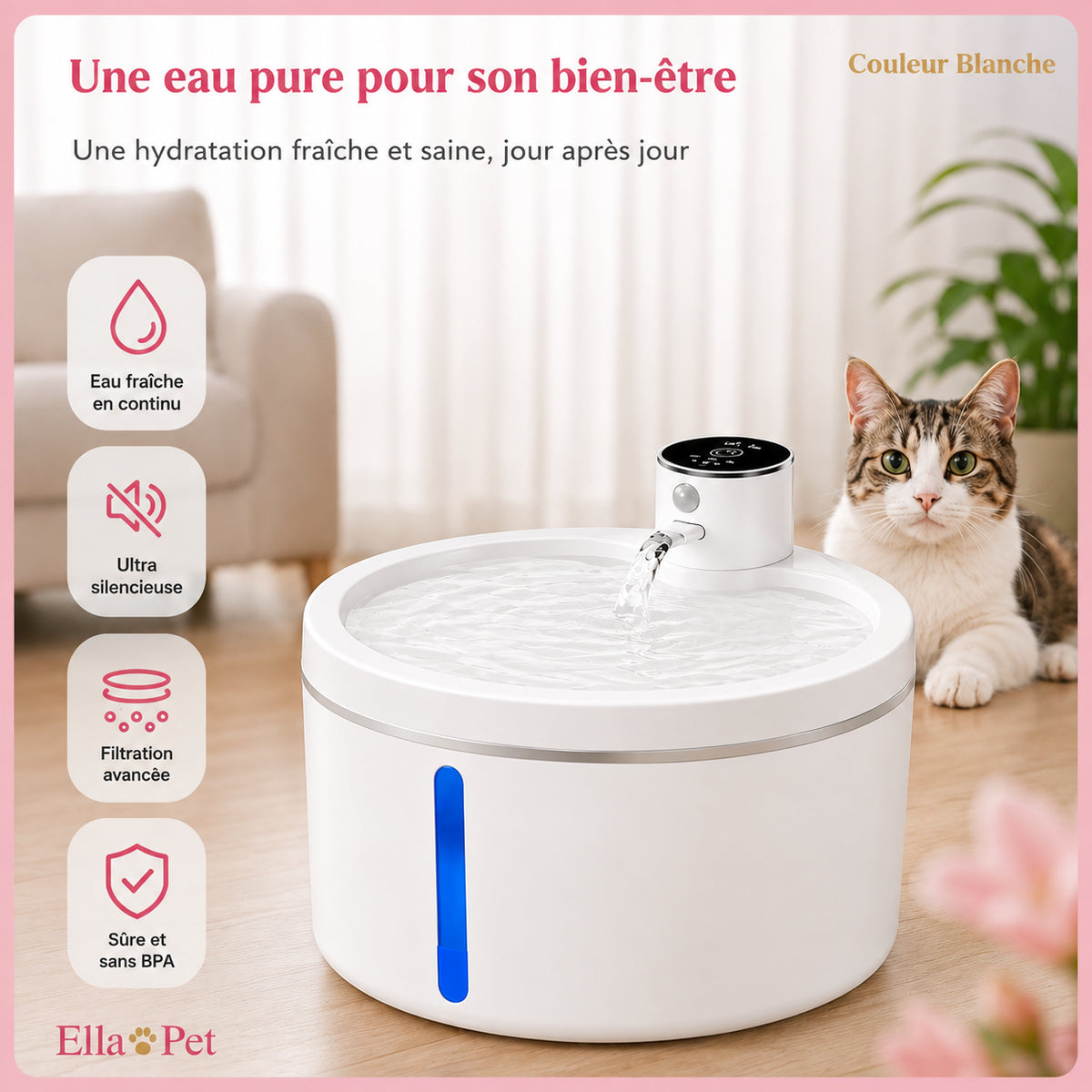 Fontaine à Eau Sans Fil pour Chat 3L avec Détecteur de Mouvement