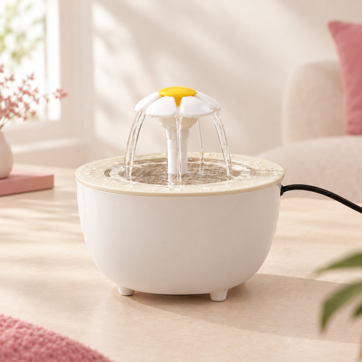 Fontaine à eau pour chat 1,2 L avec diffuseur en forme de fleur, coloris blanc, posée sur une surface claire