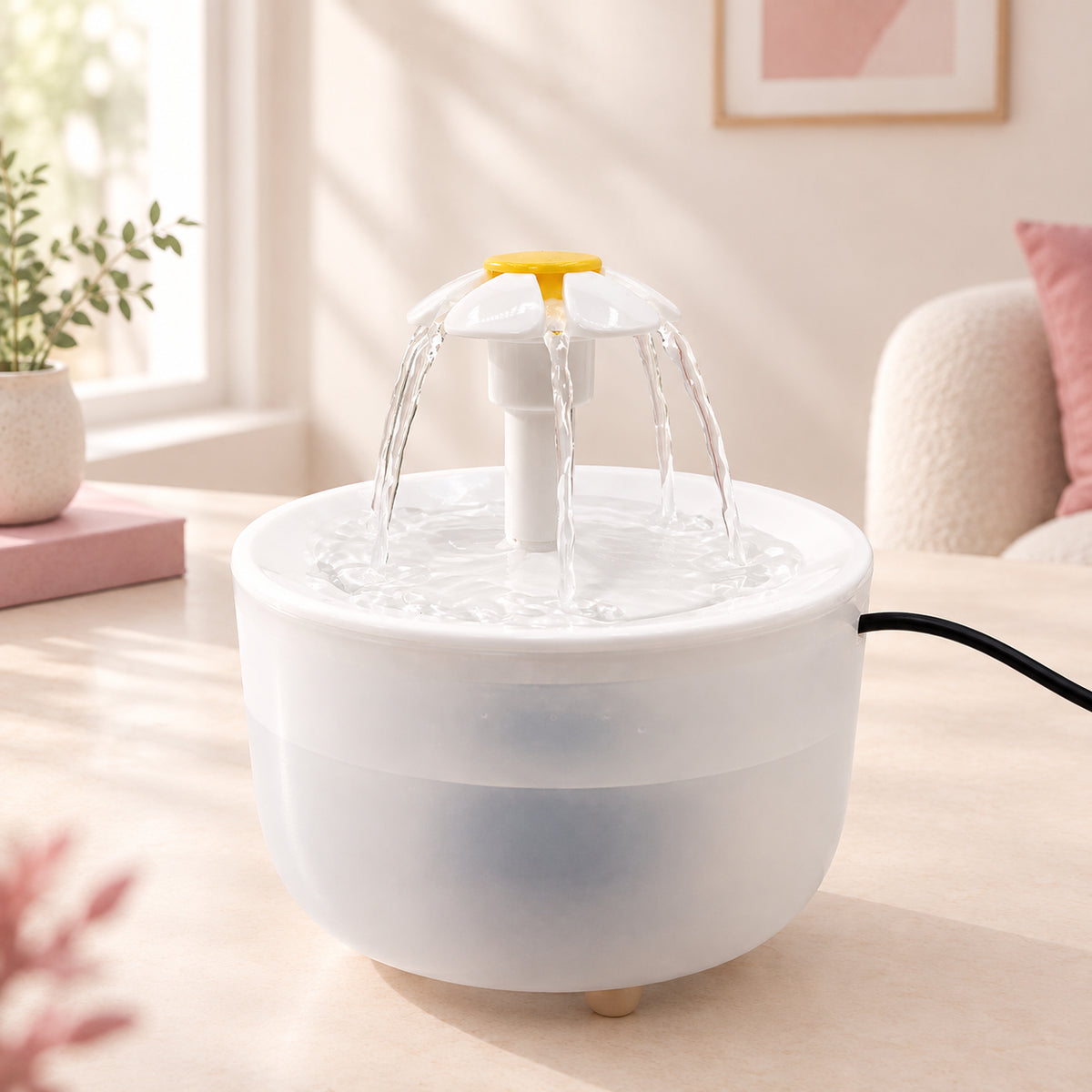 Fontaine à eau pour chat 1,2 L avec diffuseur en forme de fleur, coloris opaque, posée sur une surface claire
