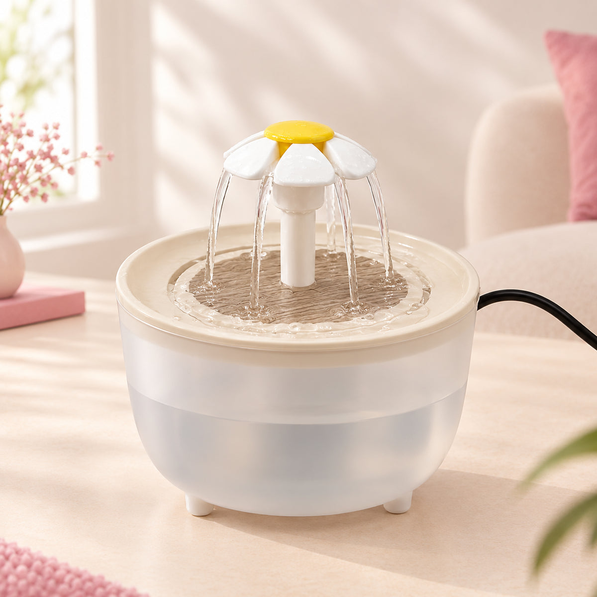 Fontaine à eau pour chat 1,2 L avec diffuseur en forme de fleur, coloris bois, posée sur une surface claire