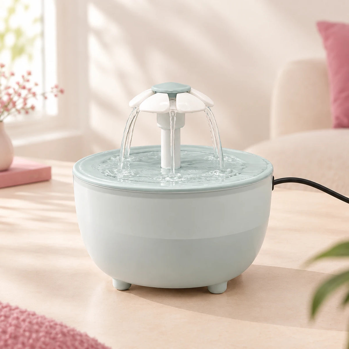 Fontaine à eau pour chat 1,2 L avec diffuseur en forme de fleur, coloris vert, posée sur une surface claire