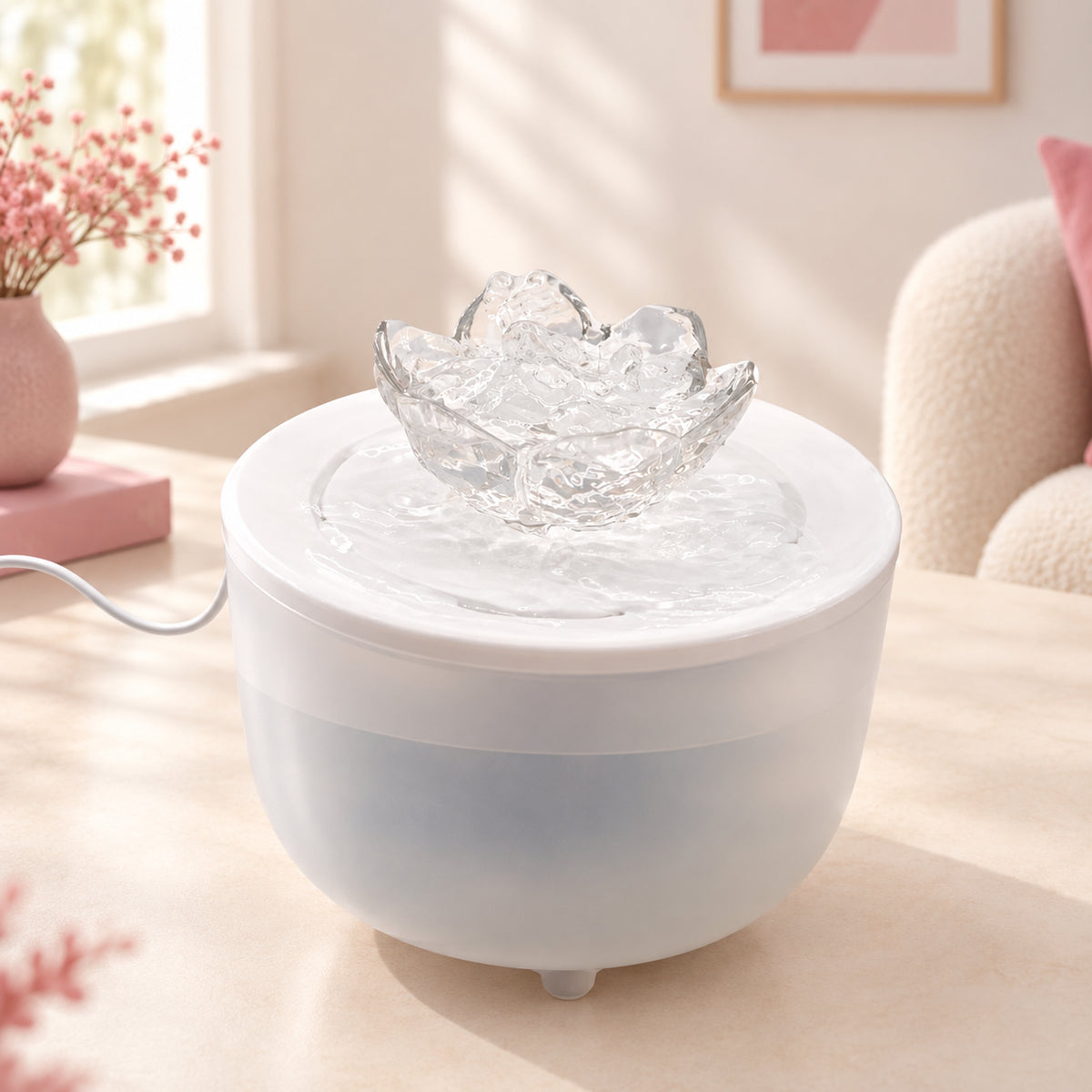 Fontaine à eau pour chat 1,2 L avec diffuseur en forme de lotus, coloris blanc, posée sur une surface claire