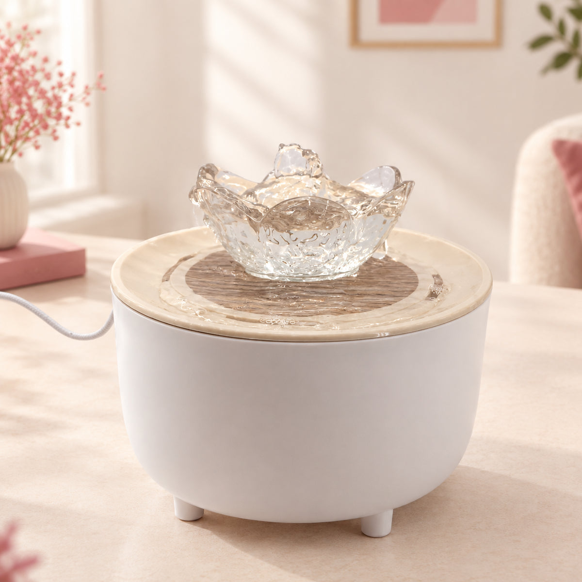 Fontaine à eau pour chat 1,2 L avec diffuseur en forme de lotus, coloris bois, posée sur une surface claire