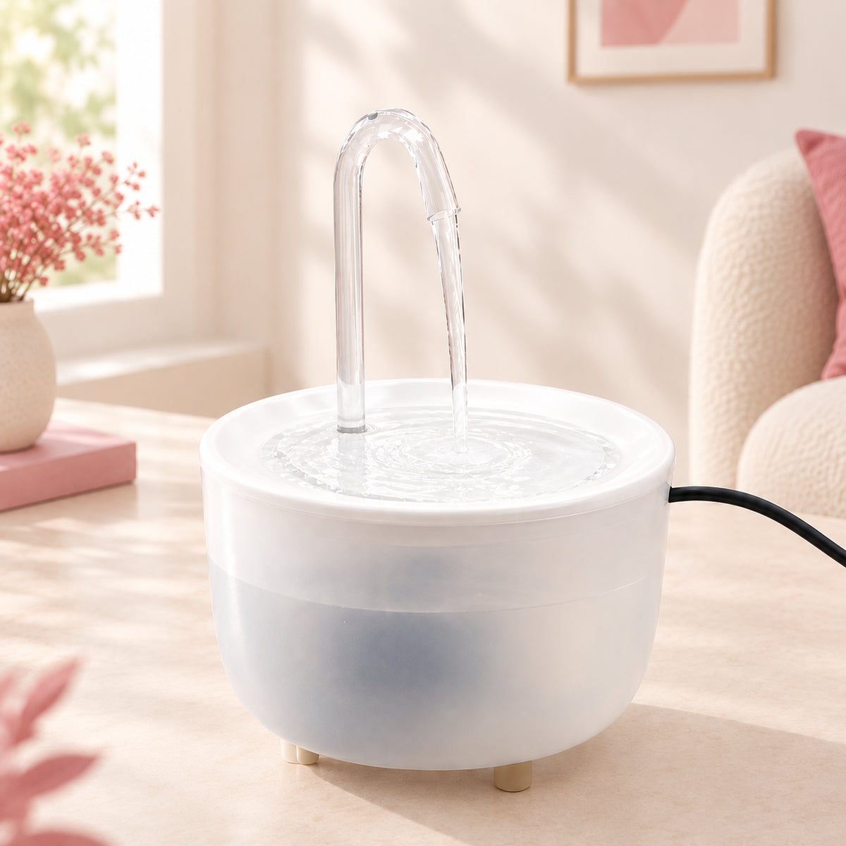 Fontaine à eau pour chat 1,2 L avec diffuseur en forme de robinet, coloris blanc, posée sur une surface claire
