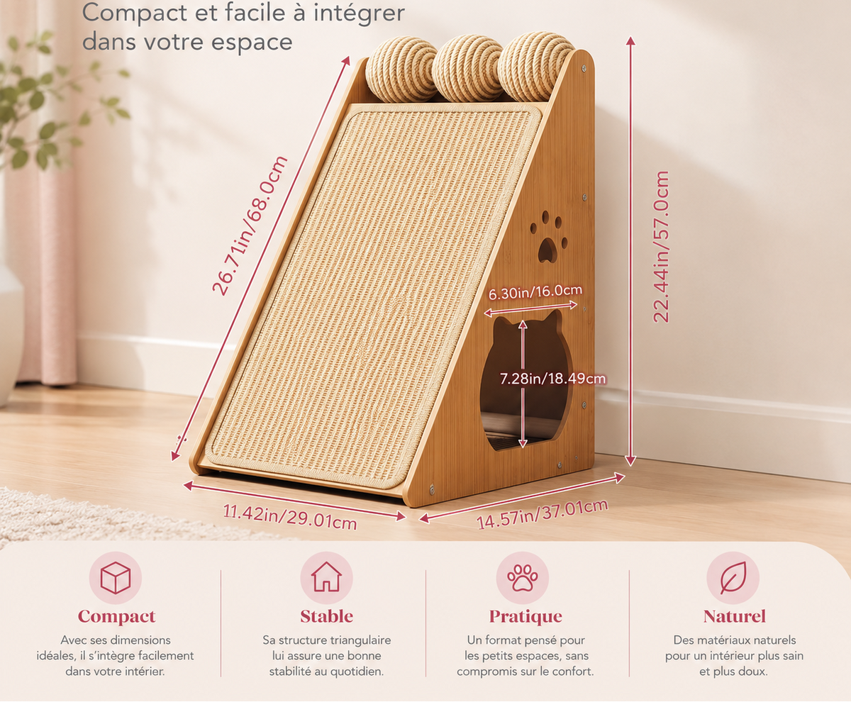 Dimensions du griffoir chat compact, 29 x 37 x 57 cm