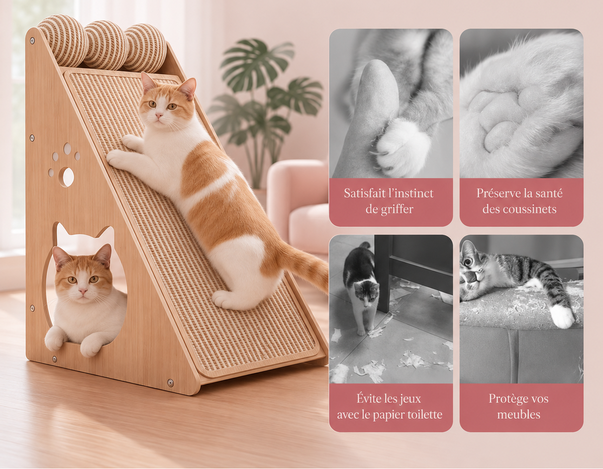 Chat griffant sainement le sisal naturel du griffoir comparer à d'autres situations oú le chat griffe les meubles