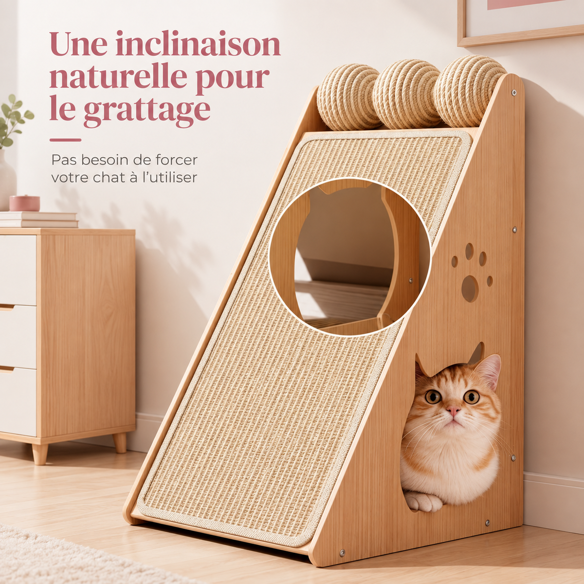 Chat prenant une position naturelle sur le griffoir en sisal