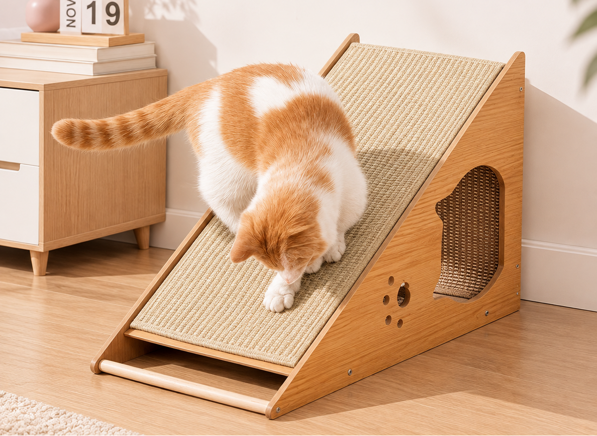 Griffoir chat compact en sisal naturel en position coucher avec un chat dessus