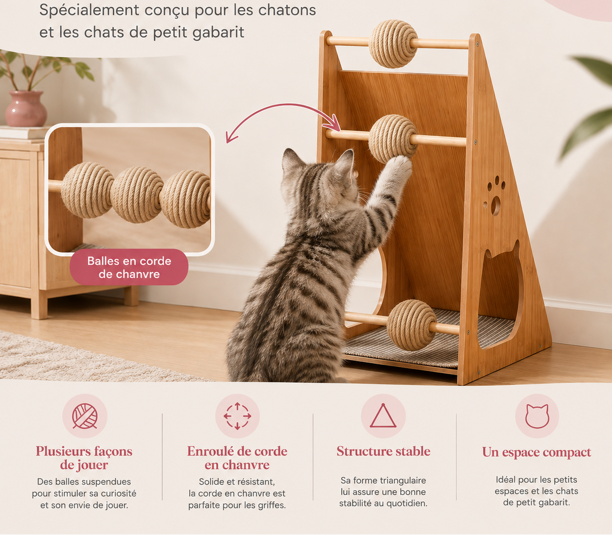 Chat jouant avec les boules de sisal naturel du griffoir