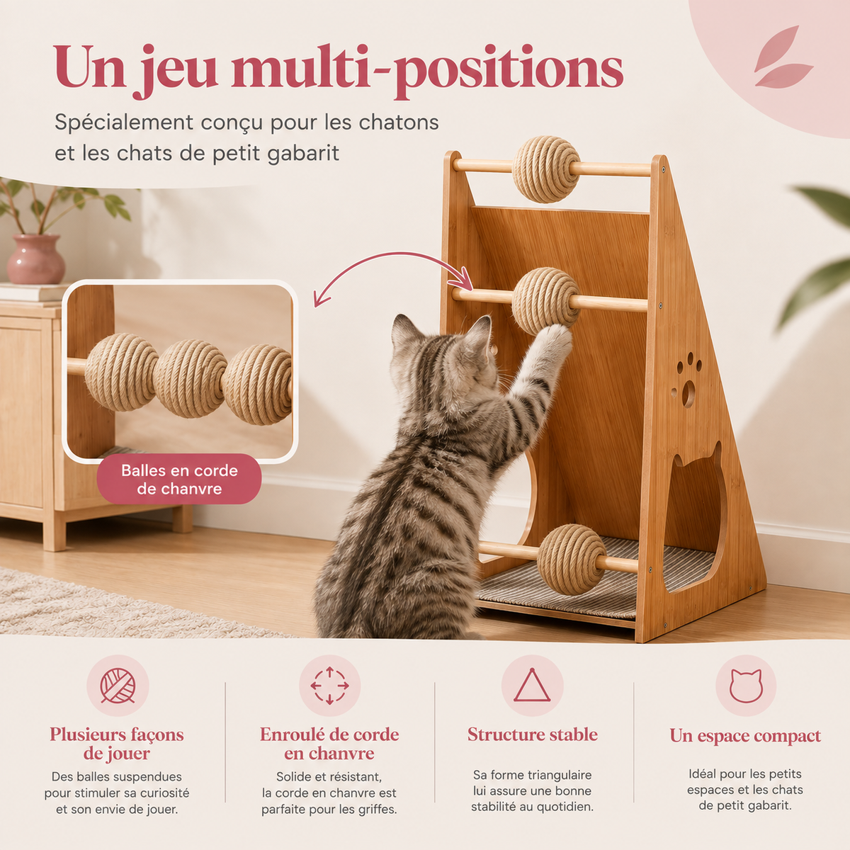 Chat griffant la surface en sisal naturel du griffoir