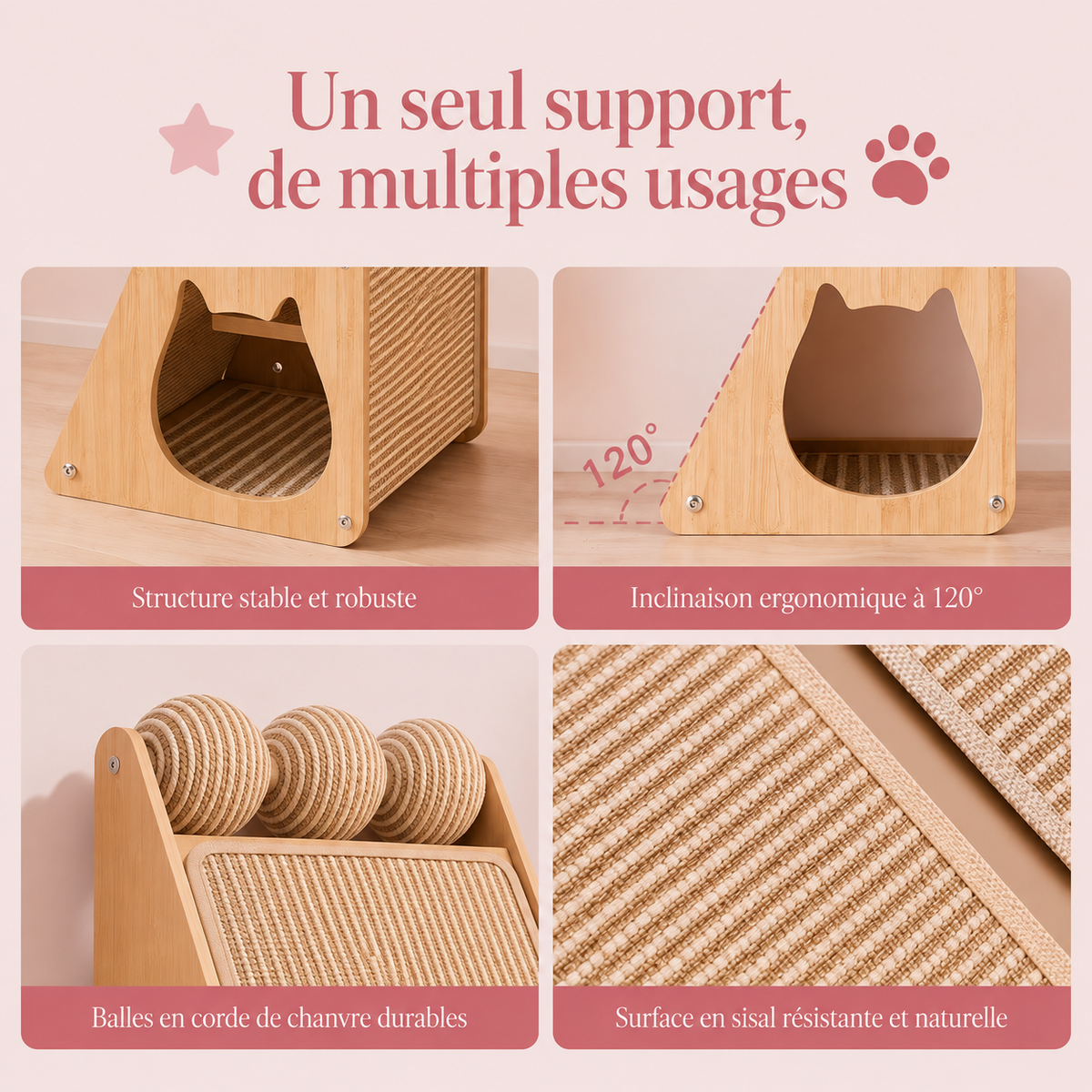 Griffoir chat sisal utilisé comme support de jeu et de griffage