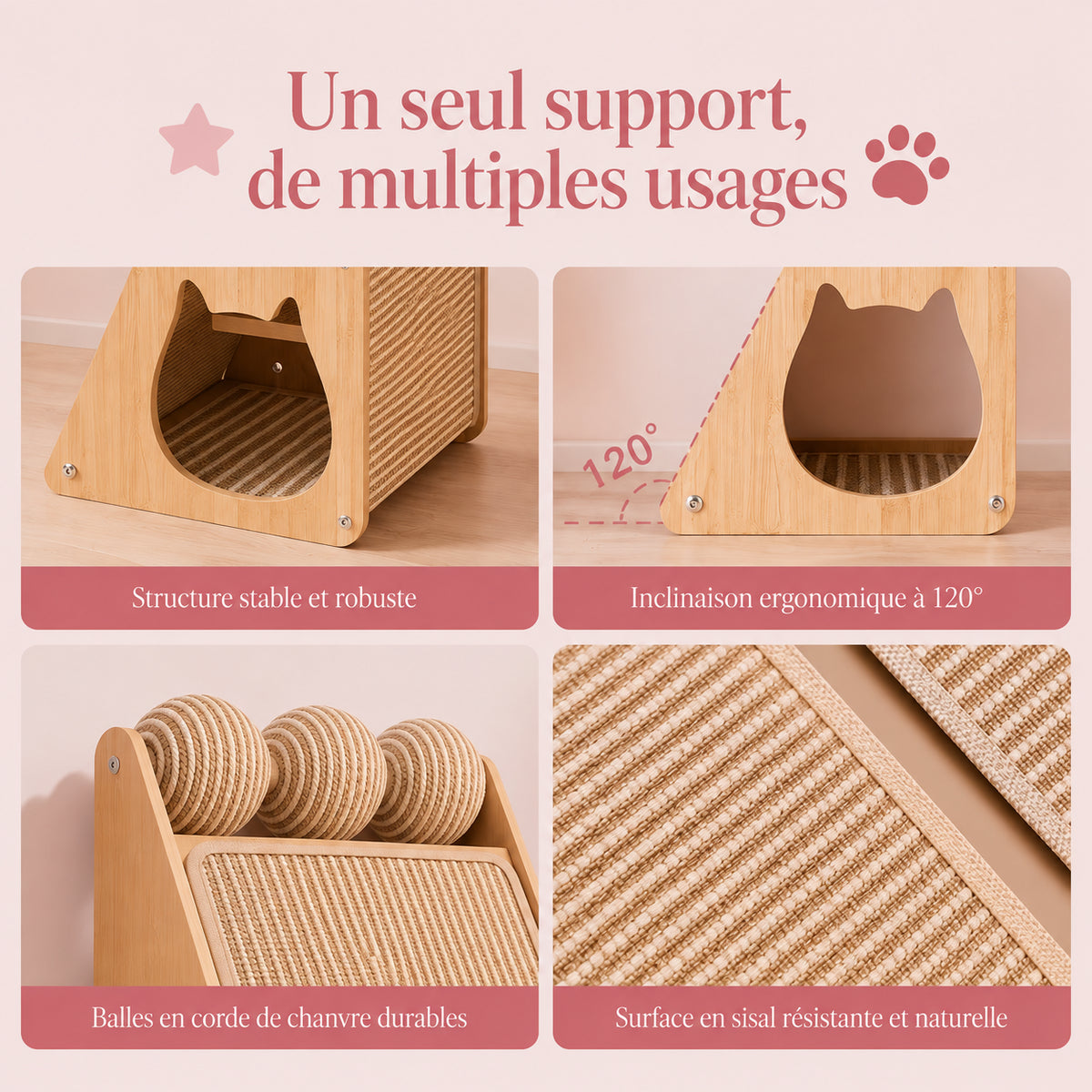 Griffoir chat sisal utilisé comme support de jeu et de griffage