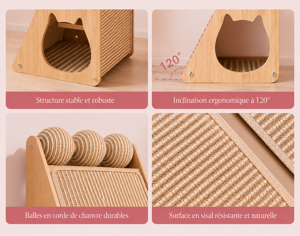 Griffoir chat en sisal  mutli-usage installé dans un intérieur lumineux 