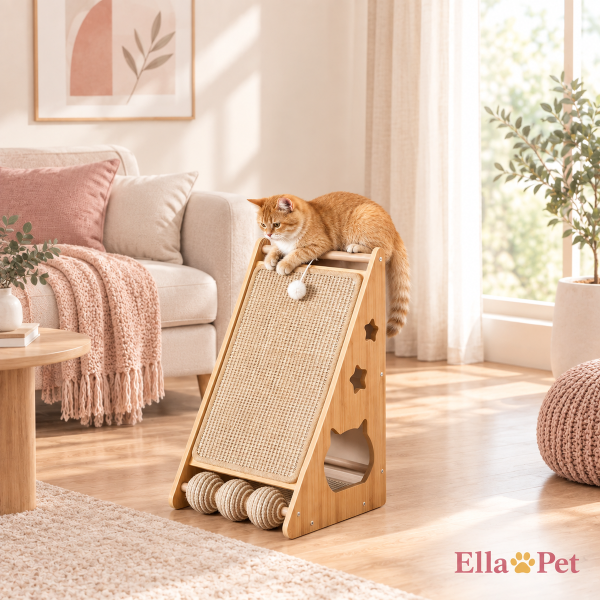 Griffoir chat compact en sisal naturel avec balle jouet suspendue - EllaPet