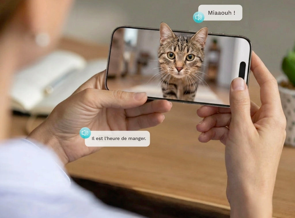 Chat satisfait devant sa mangeoire automatique 8L avec la communication bidirectionnelle 