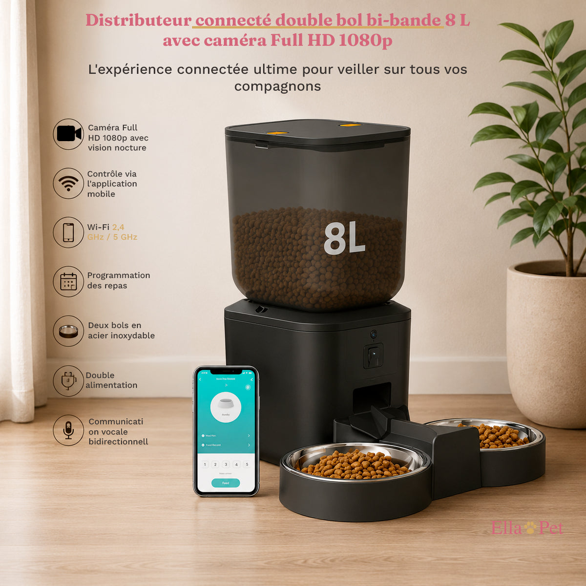 Mangeoire automatique connectée 8L avec caméra, version 2 bols